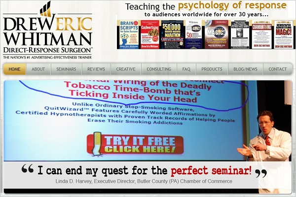 現代の広告の心理技術101の著者であるドルー・エリック・ホイットマンの公式サイトの画像